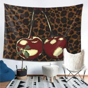 Tapestry [Tapestry Wall Hanging] Cherry & Leopard Print Tapestry Wall Hanging - Premium Peach Light Beige Fabric, Horizontal Design For Living Room, Bedroom, Office & Party Decor - Perfect Gift For Home & Festive Occasions, Wall Decoration