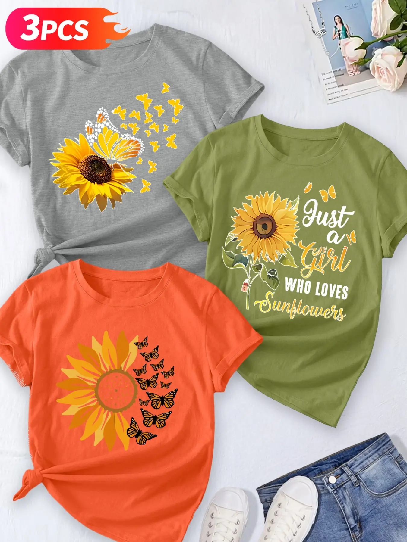 3Pcs Women's Sunflower & Butterfly Cotton T-Shirt Top Set Print, Loose Fit Round Neck Short Sleeve, Soft Breathable Fabric, Summer Casual Wear