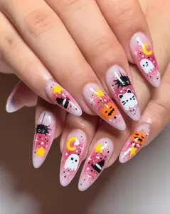 Cute Spooky Press On Nails, Kawaii Halloween Ghost Cat Pumpkin Nail Art, Pink Ombre Glitter Cute Spooky Fake Nails, Cosplay Halloween Nails