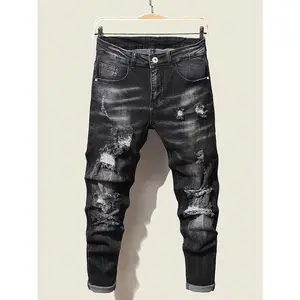 Men’s washed distressed satin denim jeans, casual street style