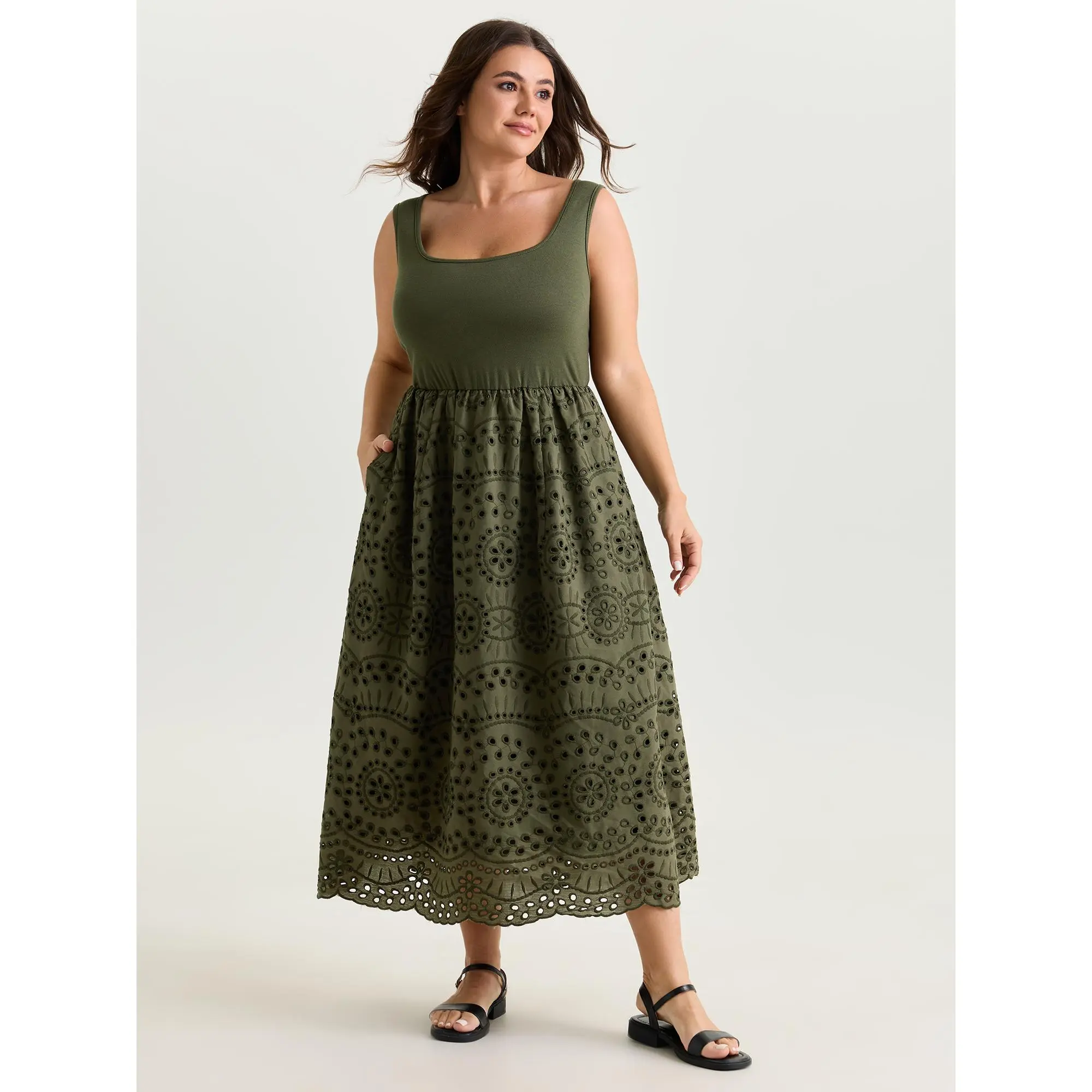 BloomChic Women's Plus Size Floral Embroidered Basic Midi Garment Dress - Casual Sleeveless Pull-On with Side Pockets, Polyester Mix Fabric, Iron-Smooth Finish, Stretchy, Machine Washable, Low Iron, Do Not Tumble Dry, Summer Leisure Wear