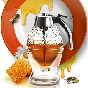 Glass Honey Dispenser – No Drips, No Trails Honey Container 8 Oz with Stand – Easy to Clean Honey Pot – Honey Jar with Dipper – Maple Syrup Dispenser – Syrup Holder with Honeycomb Design: Home & Kitchen