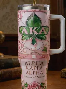 Alpha Kappa Alpha Tumbler with Handle – AKA Sorority Luxury Mug, Pink & Green Stainless Steel Cup, Perfect AKA Gift