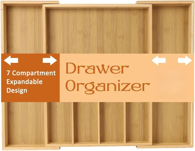 [New Deal] Expandable Bamboo Drawer Organizer 7 Compartments Adjustable for Utensils Silverware Kitchen Living Room Bedroom Eco-Friendly Premium Gift Boxes
