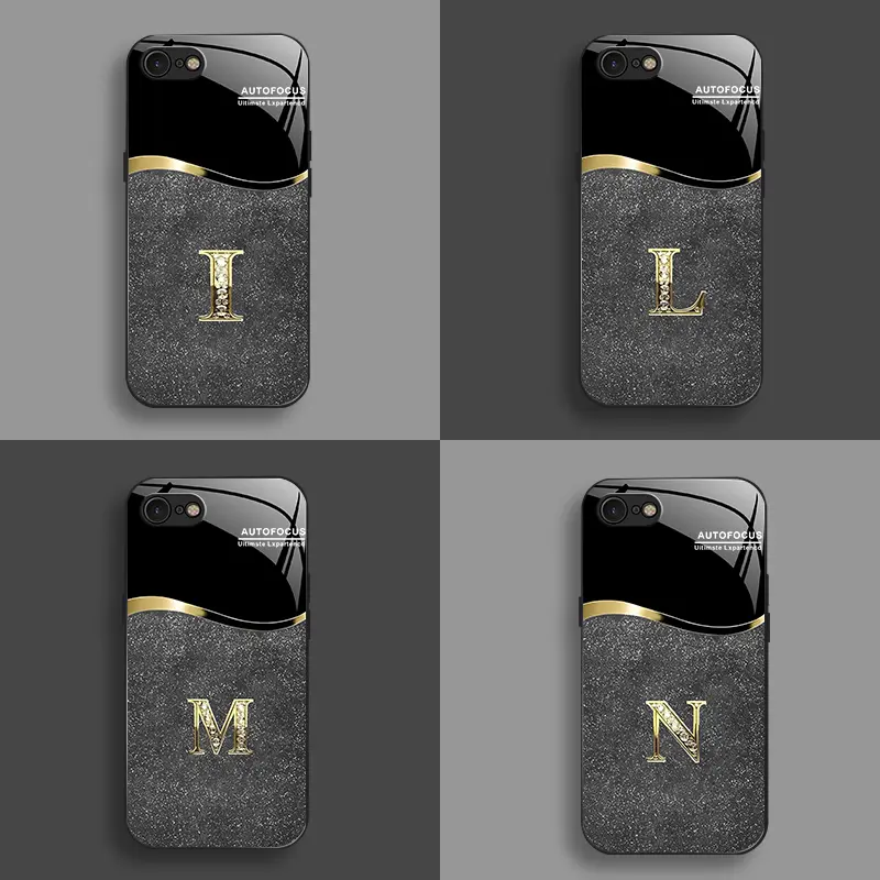 Suitable for [iPhone Se 2] New high-end flashing letter glass mobile phone case New business simple metal paint electroplated glass mobile phone case Affordable anti-fall and anti-fingerprint-888