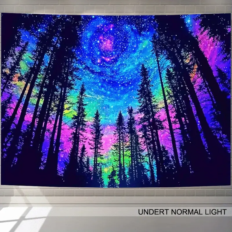 1-Piece Polyester Coating 2D Flat Tapestry - Retro UV Black Light Neon Galaxy Forest Print, Decorative Hanging Indoor Room Decor, Industrial Wall Art for Game Rooms, Machine Washable Gift for Dorm Residents