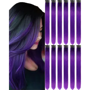 12 PCS Purple Hair Extensions Clip in, 22-Inch Colored Hair Extensions Party Highlights Long Straight Synthetic Hairpieces for Women Kids Girls Halloween Christmas Cosplay
