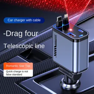 Retractable Car Charger with Starlight, 66W Starlight in Car roof 4 in 1 Retractable Car Phone Charger Adapter, Fast Charging USB C Cable, Compatible with iPhone 16/15/14/13/12/,Pixel
