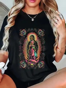 Women's 100% Cotton Short-Sleeve Catholic Our Lady Guadalupe Virgin Mary Graphic T-Shirt, Everyday Casual Streetwear Top