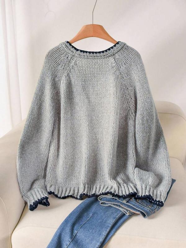 Women's Tie Front Open Front Colorblock V Neck Knit Cardigan Sweater, Casual Loose Fit Long Sleeve Cardigan for Fall & Winter, Women's Knitwear for Daily Wear, Women's Fall Outfit, Winter Sweater for Women, Grey