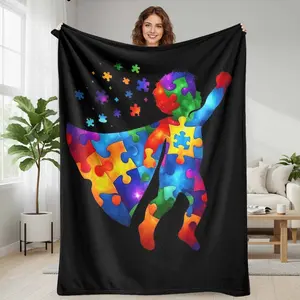 Super soft flannel blanket  vibrant galaxy puzzle print  cozy  breathable  lightweight  perfect for home  sofa  couch  bed  travel  and as a thoughtful gift for awareness day or any occasion. summerwins