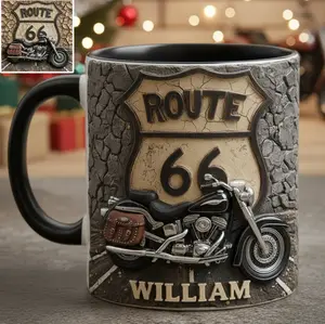 Vintage Road - Personalized Biker Accent Mug, 3D Art Coffee Mug, 3D Biker Art Custom Name Gift for Him Dad, Old Man With a Motorcycle Christmas Present, Rugged Accent Coffee Cup