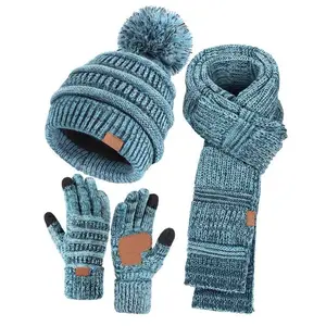 3PCS Women's Winter  Warm Set - Pom Pom Knitted Beanie Hat, Touchscreen Gloves, Long Knit Scarf, Christmas Gift for Daily Wear & Outdoor Cold Protection warm fall