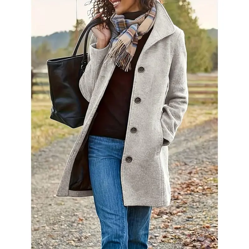 Solid Color Single-Breasted Coat, Casual Long Sleeve Fall Winter Coat, Women's Clothing Fabric Womenswear