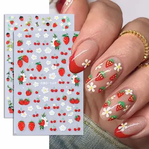 2 Strawberry Flower Design Nail Art Stickers, 3D Cute Bees Ladybugs Cherries for Spring Summer DIY Self-Adhesive Nail Decals