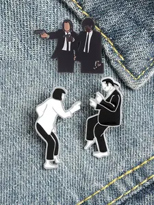 3 Piece Pulp Fiction Movie Enamel Pin Classic Film Vintage Minimalist Black White Style Vincent & Jules Holding Guns and Twist Dance Couple Pose Metal Alloy Brooches Backpack Jacket Hat Decoration Jewelry Gift for Fans Friends Fashion Accessory