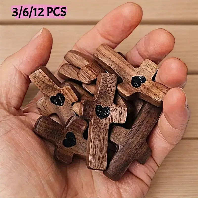 3/6/12PCS Pocket Wooden Cross, Encouragement Gift, Fingertip Stress Relief Gifts, Stress Relief Decoration, Stress Reliever, Christian Handheld Prayers, For Personal Devotion, Family Prayer, Home Religious Decor, Stress Relief Accessory