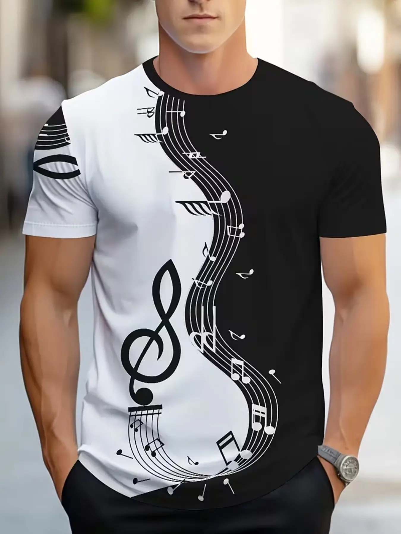 Men's Guitar Music Symbol Print Round Neck Short Sleeve Top, Casual Classic Minimalist Style Fitted Long Clothing, All Seasons Fashion Menswear, Casual Street Wear