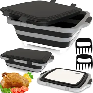 BBQ Prep Tub with 2 Pcs Meat Shredder Claws, Collapsible Cutting Board, Cutting Board with Locking Lids, Drip Easy BBQ Prep Tub with lid-XL Size (Black)