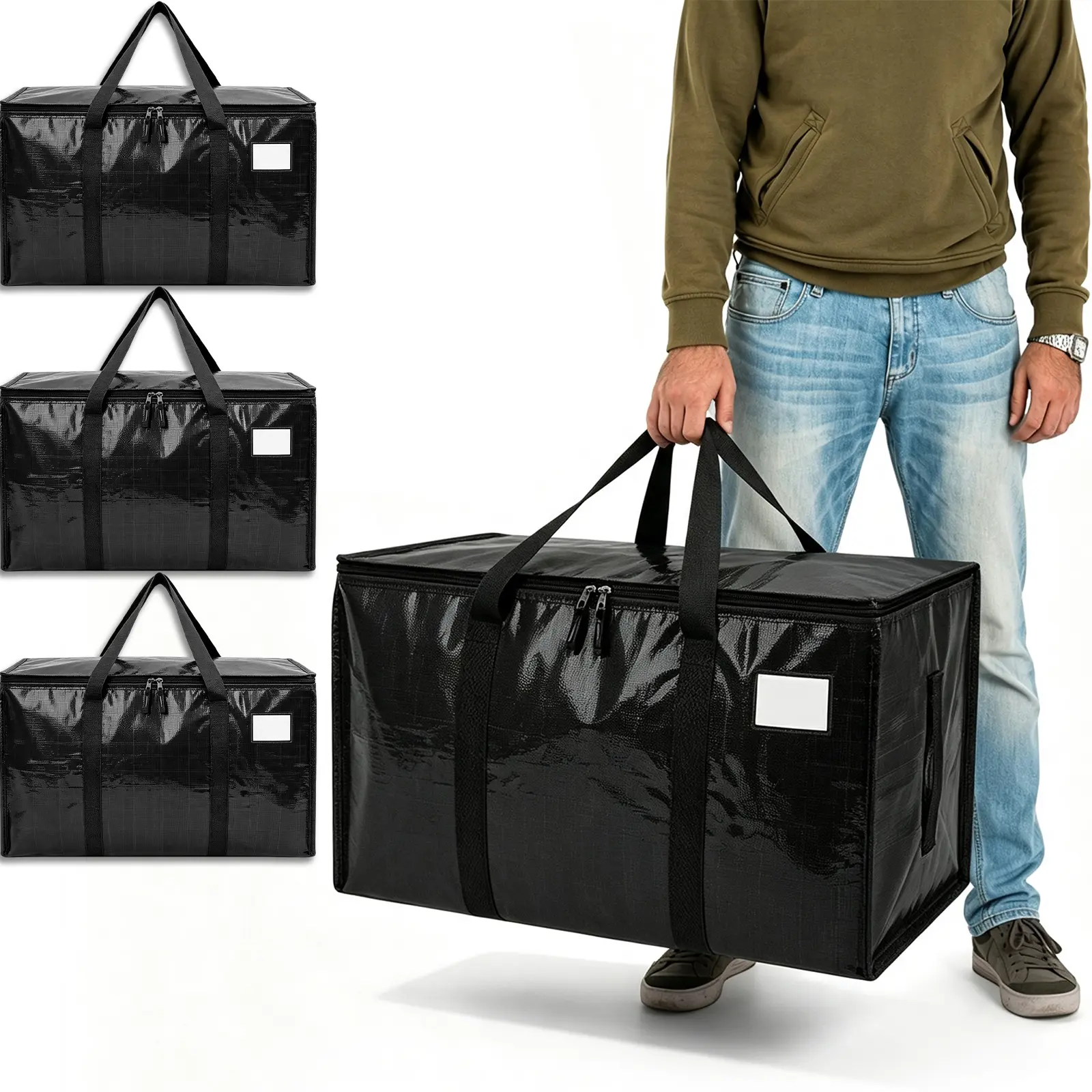 4 Pack Large Heavy Duty Waterproof Moving Storage Totes, Foldable Bags with Handles & Zippers, Black for Dorm & Home Storage