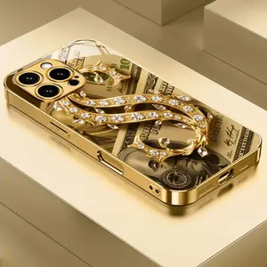 Diamond Dollar S New Electroplated Gold Phone Case for iPhone 16, 15, 14, 13, 12/iPhone 16, 15, 14, 13, 12 Plus/iPhone 16, 15, 14, 13, 12 Pro/iPhone 16, 15, 14, 13, 12 Pro Max/iPhone 17/17 Pro/17 Pro Max Full Coverage Anti-drop Tempered Glass Protective C