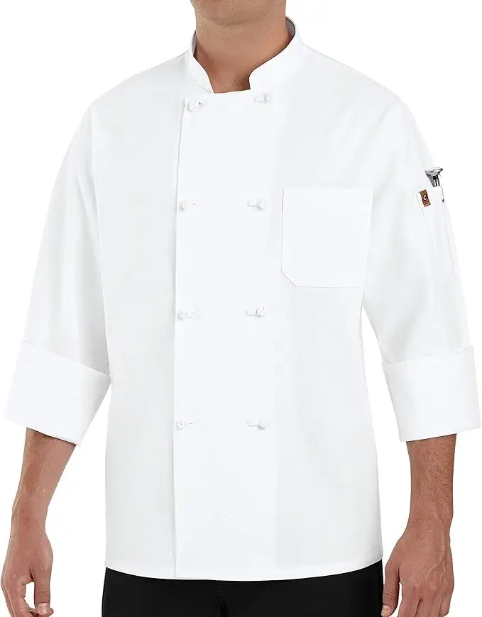 Chef Designs Men's Double-Breasted Chef Coat, Long Sleeve Reversible Workwear with Stain-Resist Fabric, Knot Buttons and Thermometer Pocket, Uniforms, Menswear