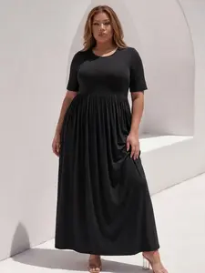 Plus Size Solid Black Maxi Dress | Short Sleeve High Waist Pleated Loose Casual Long Dresses