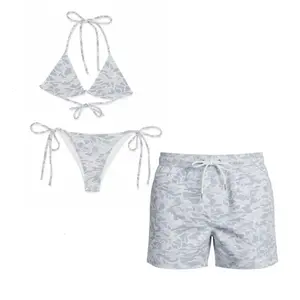 Matching  Camo Swimwear Set for Couples, Swim Bra & Tie Side Thong Bikini + Men's Beach Mesh Shorts, Couples Swimsuit Set – Women’s Triangle String Bikini & Men’s Swim Shorts Summer Vacation