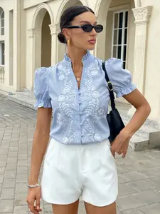 Blue Striped Bubble Sleeve Shirt, Casual Button Up, Elegant Floral Embroidery Stand Collar Top, Slim Fit Short Sleeve Blouse, Summer Commute Women's Fashion