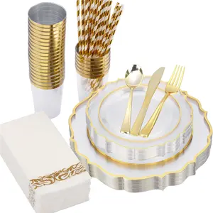 200 PCS Baroque Clear Gold Dinnerware Set for 25 Guests,Gold Rimmed Disposable for Wedding with,25Dinner,Dessert,,,,Cups
