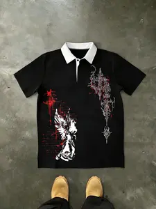 Polo Shirt "FALLEN ANGEL" Thorn Cross & Gothic Angel Graphic Print Contrast Collar Polo | Edgy Gothic Fashion Streetwear Aesthetic | Unisex OOTD Essential | TikTok Viral Y2K Casual Daily Wear Statement Top for Men Women 2026 Spring New Drop