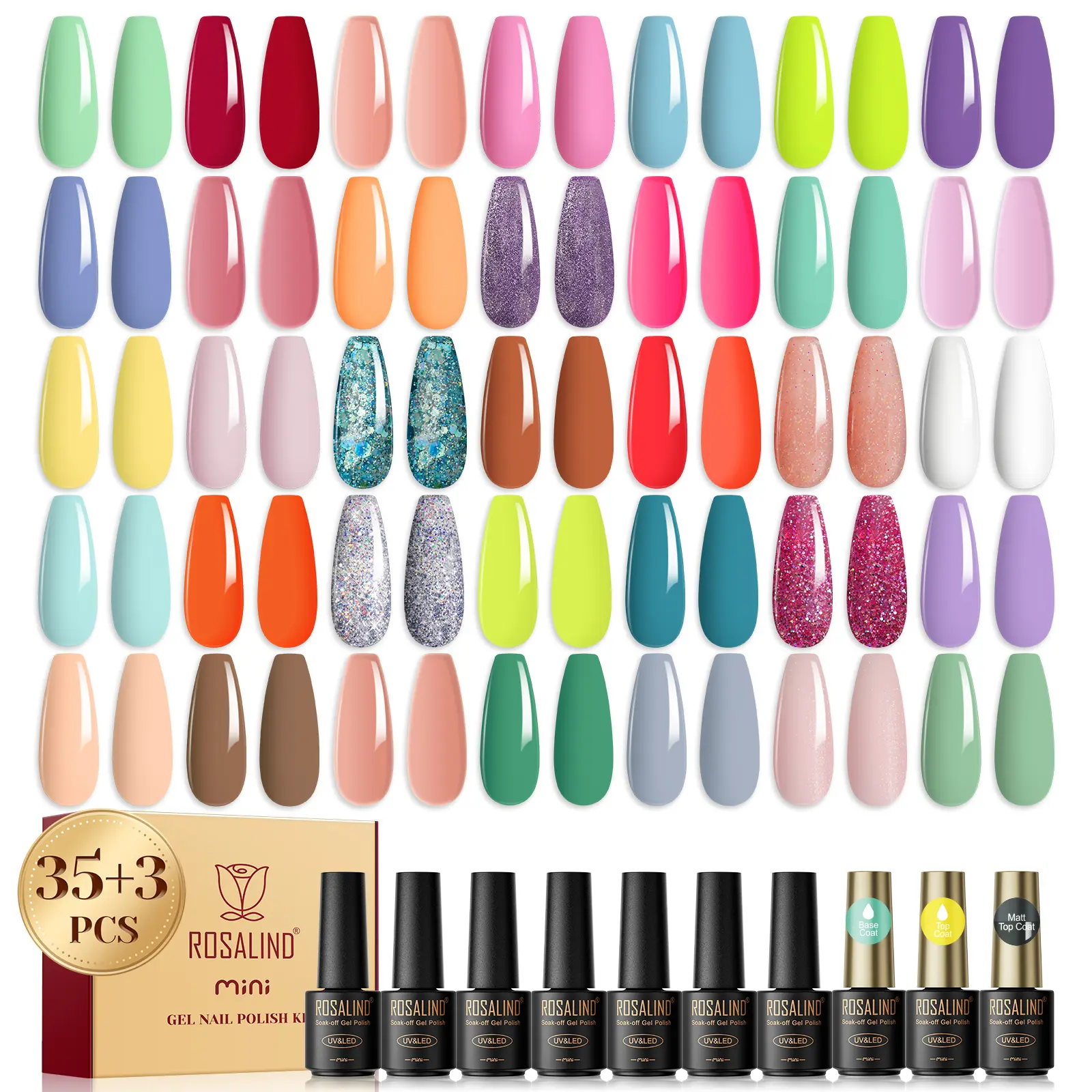 ROSALIND 38pc Gel Nail Polish Set, 35 Color Gel Polish with Glossy Matte Top Coat and Base Coat All Seasons Milky Nude Gel Nails art Kit DIY Salon at Home