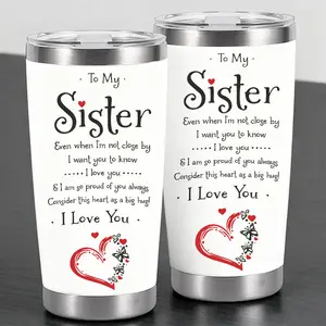 Trendy Heartfelt Sister Letter Style Design 20oz Stainless Steel Cup, Vacuum Insulated Tumbler, Thermos Cup with Lid, Reusable Drinking Cup, Water Bottle for Iced Coffee, Cold Drinks, Perfect Gift for Sister, Friend, Family