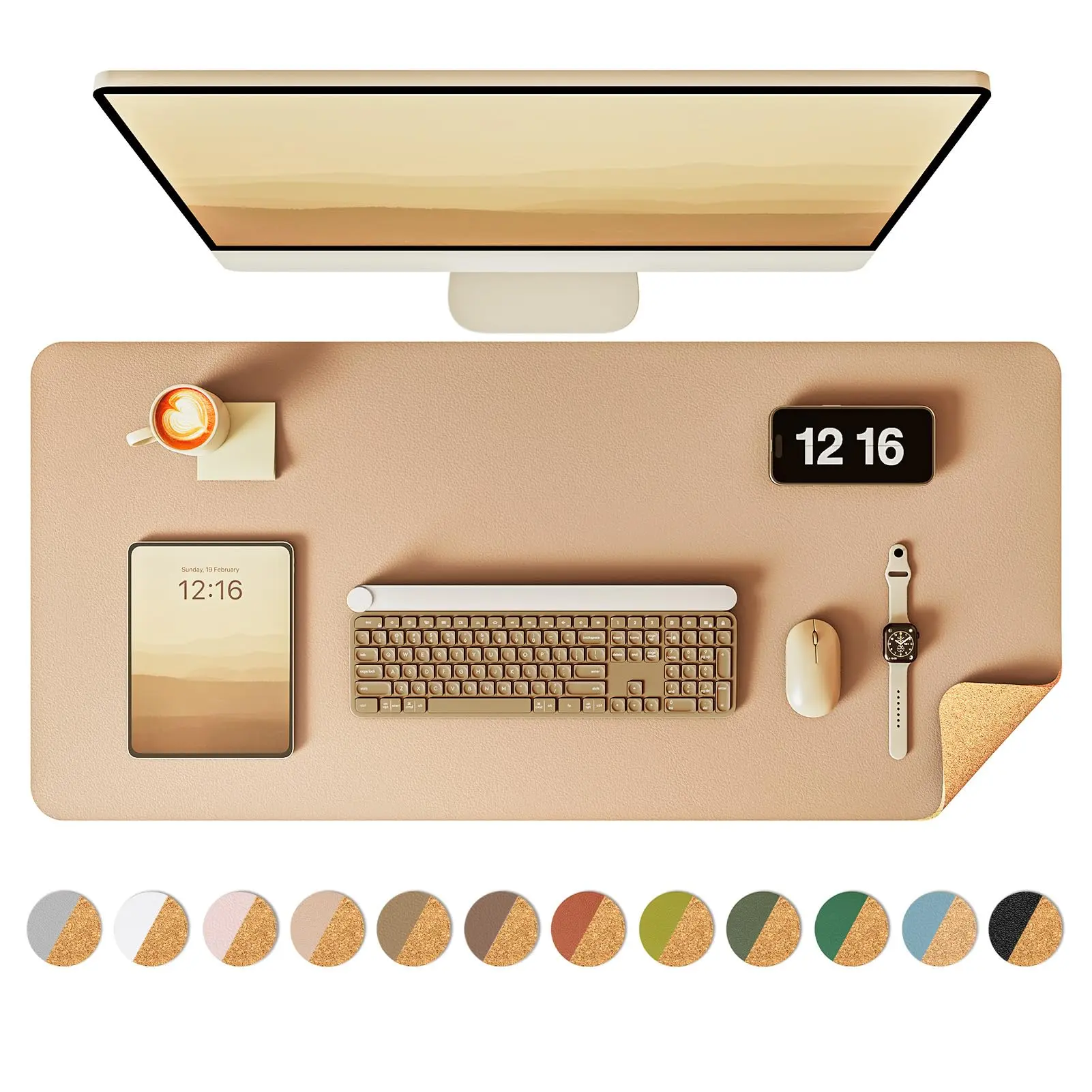 Double-Sided Desk Pad, Leather Desk Mat, Eco Cork Desk Pad Protector, Large Mouse Pad for Desk, Waterproof Desk Blotter Pad, Writing Pad for Office/Home