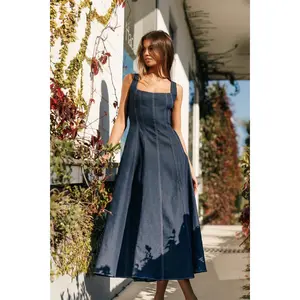 Women's High Waist Denim Dress With Large Skirt, Casual and Fashionable Sleeveless Waist Suspender Long Dress With Side Zipper, Suitable for Spring, Summer and Autumn.