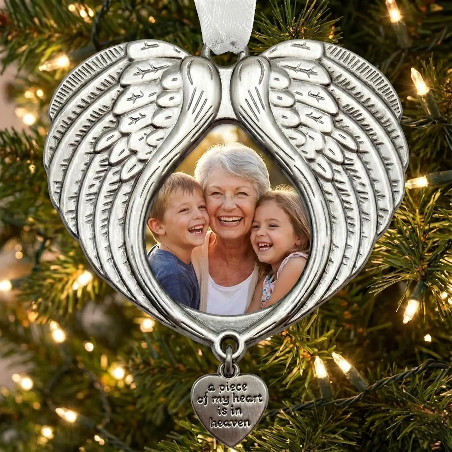 Christmas Ornaments Angel Wings - New A Piece of My Heart is in Heaven Ornament for Christmas Tree with Photo Frame - Double Sided Memorial Ornament for Loss of Loved One -