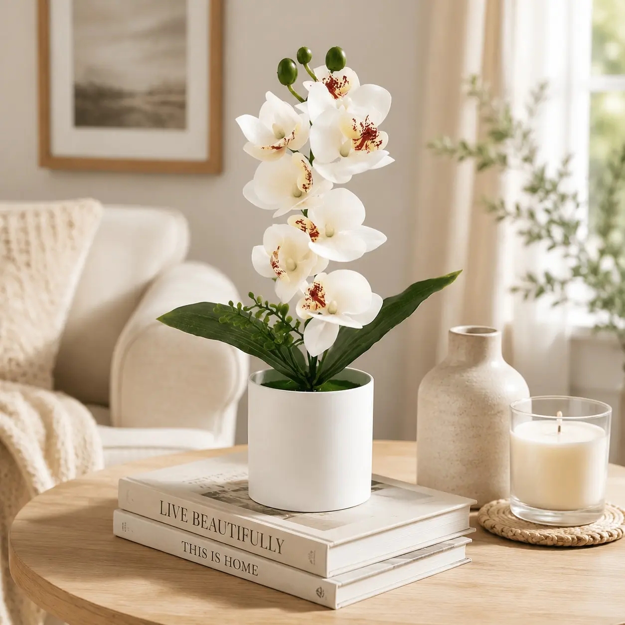 2-Pack Photorealism  Phalaenopsis Orchid Plants in Pots - Decorative Ornaments for Home Room Decor, Indoor Olive Tree Style Red Poinsettia  Plants Decor (Ideal for Living Room, Office Desk) Preserved Real Flowers Angel Figurine realistic thick trunk, Deco