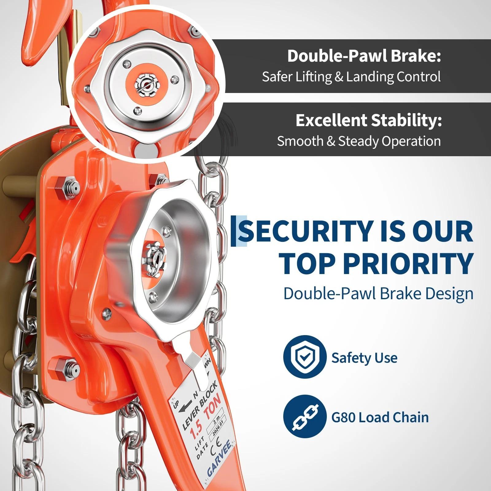 [NEW - FLASH SALE] Garvee Manual Lever Chain Hoist – 1.5 Ton (3300 lbs) Capacity, 10 ft Lift – G80 Galvanized Steel Chain, Weston Double Pawl Safety Brake, 360° Swivel Hooks, Portable Heavy Duty Lifting Hook for Garage, Factory, Dock, Warehouse