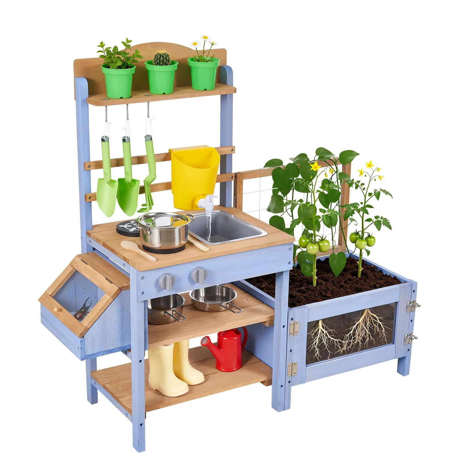【summerfinds】VEVOR Mud Kitchen, Outdoor Mud Kitchen for Kids, Wood Outdoor Play Kitchens with Planting Box, Critter Catcher Container, Tank, Sink, Cookware Pots and Accessories, Wooden Play Kitchens for Lawn, Yard