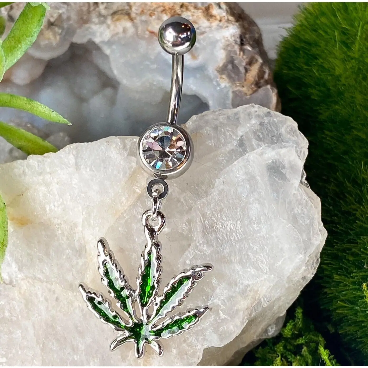 1pc Pot Leaf Gem Belly Ring Marijuana Navel Piercing Pierced Naval Body Jewelry