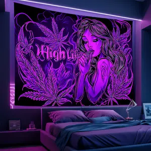 1pc Fluorescent Psychedelic Glow in the Dark Tapestry with Long Black Hair Female Figure - UV Reactive Wall Hanging, Knitted Polyester, 100gsm, Transverse Orientation for Bedroom, Living Room, Dorm, Game Room, Bar Decor, Room Deco