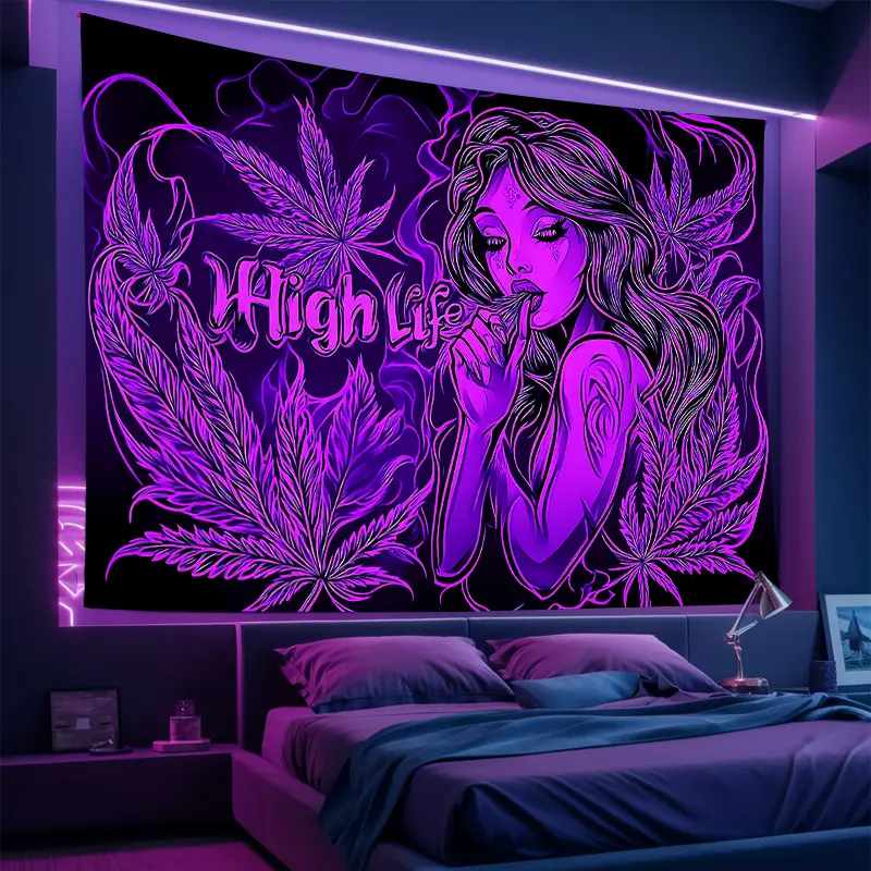 Fluorescent Psychedelic Glow in the Dark Tapestry with Long Black Hair Female Figure - UV Reactive Wall Hanging, Knitted Polyester, 100gsm, Transverse Orientation for Bedroom, Living Room, Dorm, Game Room, Bar Decor, Room Deco