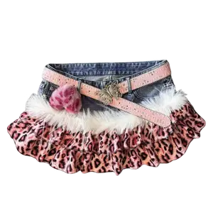 Pink Leopard Design Vintage Denim Mini Skirt Hot Girls Y2k Patchwork Print Babe Outfits High Steet Casual Skirts 2000s Clothing