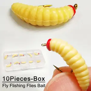 Fly Fishing Flies Dry Flies Bait Fishing Accessories 10Pcs/Box Soft Maggot Worm Beige Nymph Lure for catching fish like Trout/Bass/Perch/Carp etc in fresh water or salt water