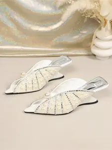 Women's Embellished Wedge Mules, Comfy White Pointed Toe Heels for Daily Wear