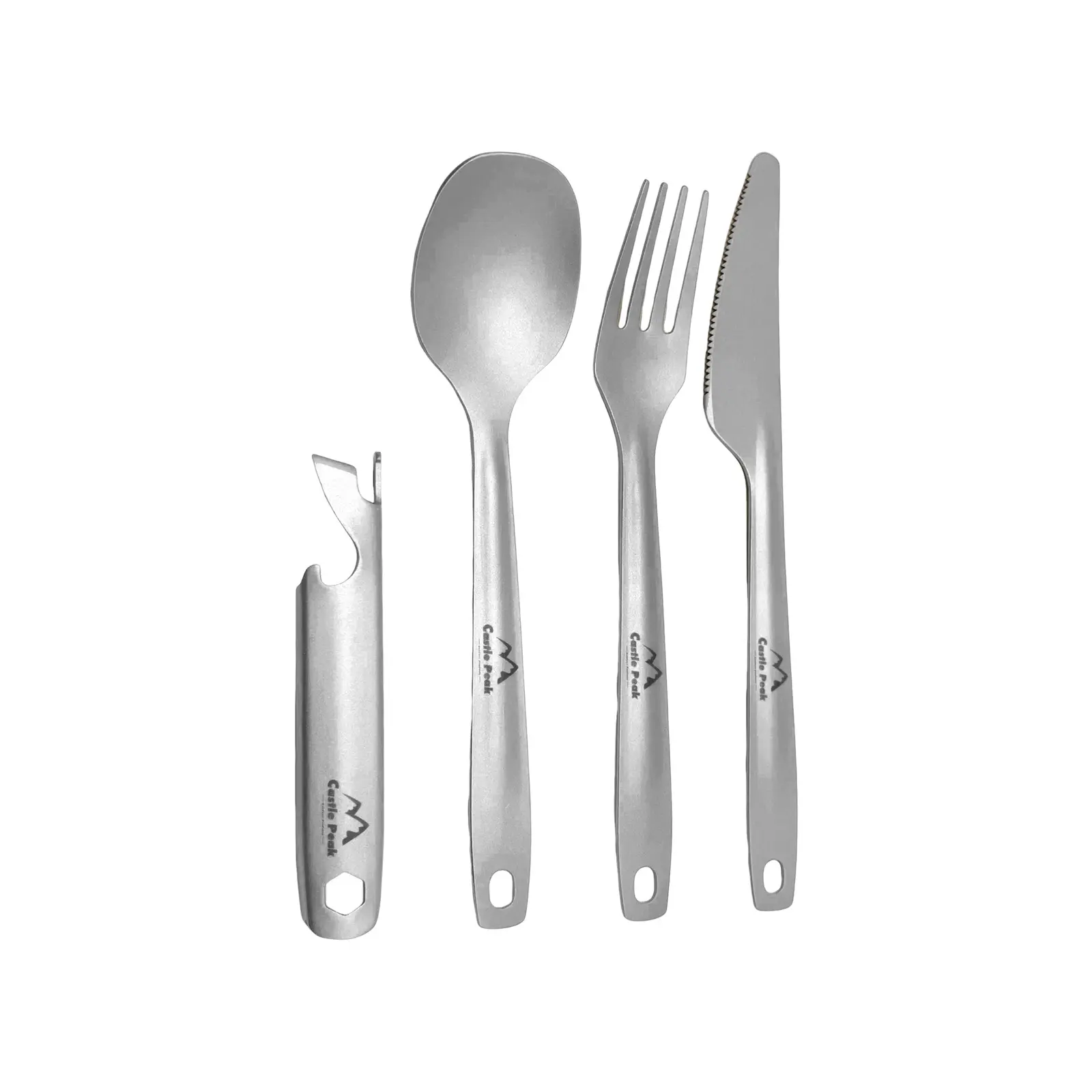 CASTLEPEAK Titanium Cutlery Set - 4-in-1 Fork, Knife, Spoon & Bottle Opener, Portable Camping Gear and Equipment for Travel & Outdoor Use with Pouch