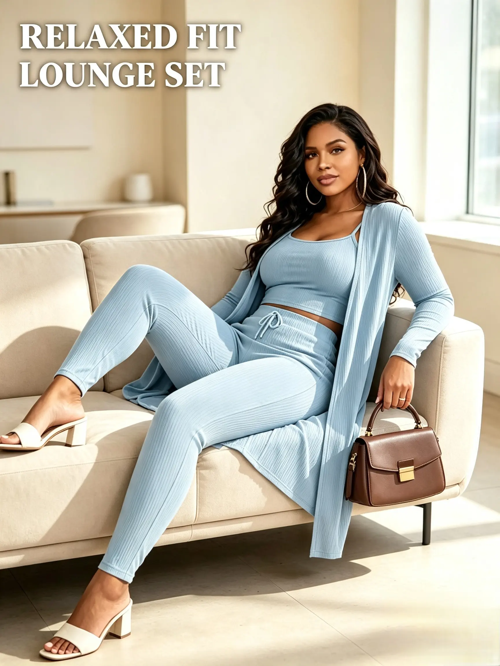 Women's 3-Piece Basic Ribbed Poly-Spandex Loungewear Set - Longsleeve Cardigan, Fitted Crop Tank Top, Wide-Leg Side-Slit Pants, Minimalist Casual Outfit