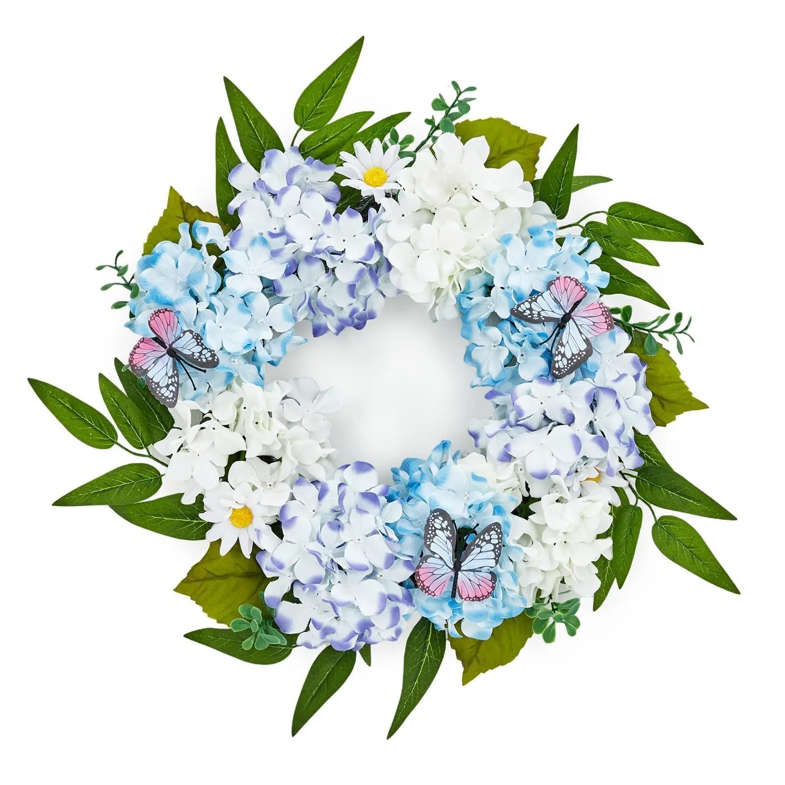 Gaomon 20in Artificial Blue-White Hydrangea Floral Wreath, Spring-Summer Outdoor Front Door Ornaments with Butterflies & Daisies, Easter Farmhouse Porch Wall Centerpiece Decorative Gift