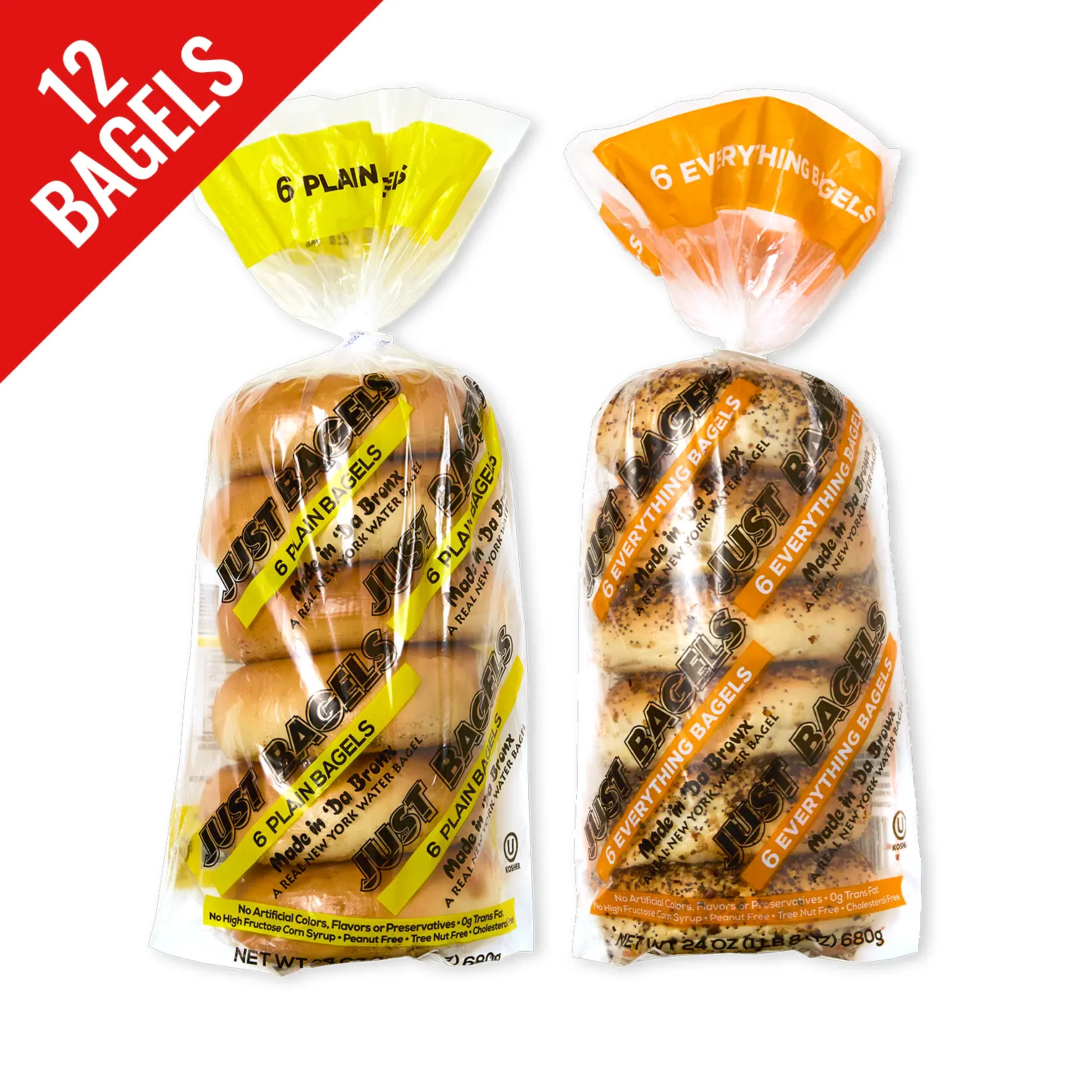 Just Bagels 6 Plain and 6 Everything Bagels Non-GMO Authentic New York Style Chewy Crunchy Bagels Made in Da Bronx