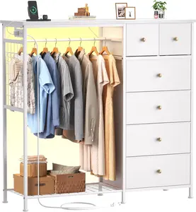 Fabric 6-Drawer Dresser with Hanging Rack, LED Lights & Charging Station, Multifunctional Closet Storage Tower, Oak Greige Organizer for Bedroom, Living Room, Entryway & Apartment